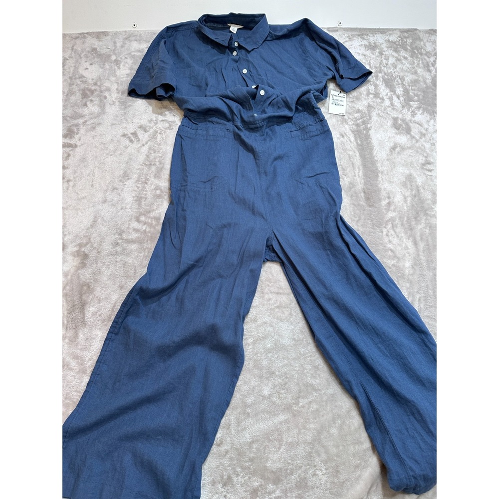 NWT CASLON Linen Rayon Wide Leg Jumpsuit Women Medium Blue Ensign Utility Romper